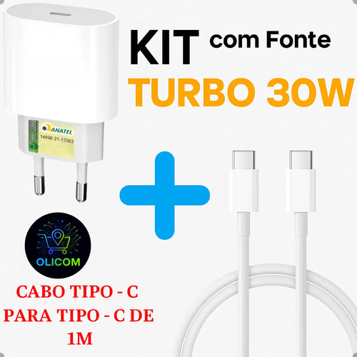Carregador Turbo Tipo C 30w Para Iphone 15 16 17 Pro Max Branco