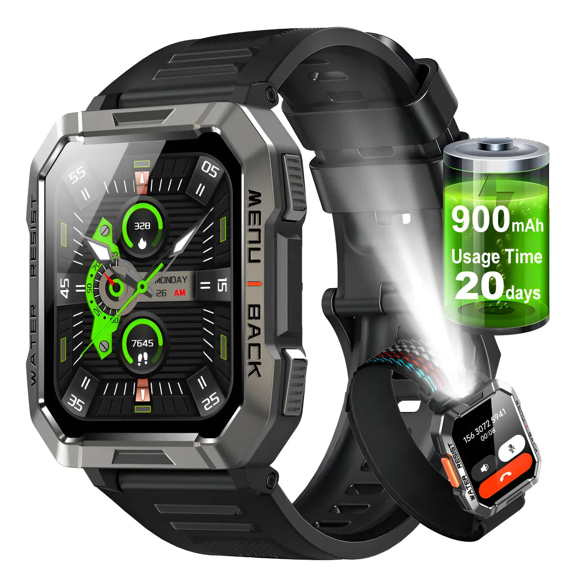 FeipuQu W60 Black Cor Preto Relógio inteligente Smart Watch Lanterna Bluetooth militar masculina
