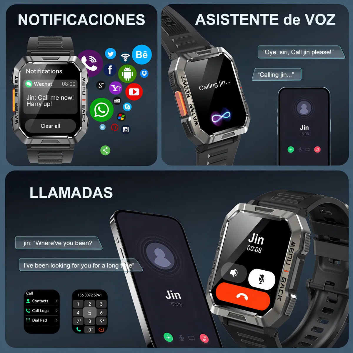 FeipuQu W60 Black Cor Preto Relógio inteligente Smart Watch Lanterna Bluetooth militar masculina